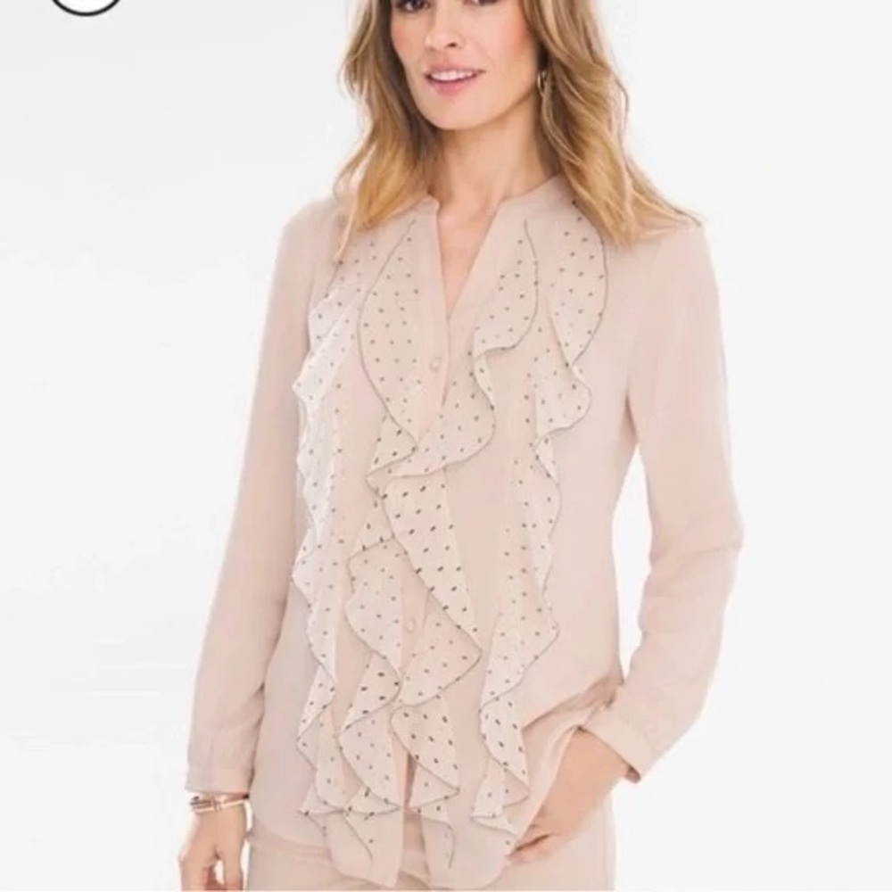 Chico’s Blush Light Pink Black Dotted Ruffle Long Sleeve Button Down Blouse - Picture 2 of 10